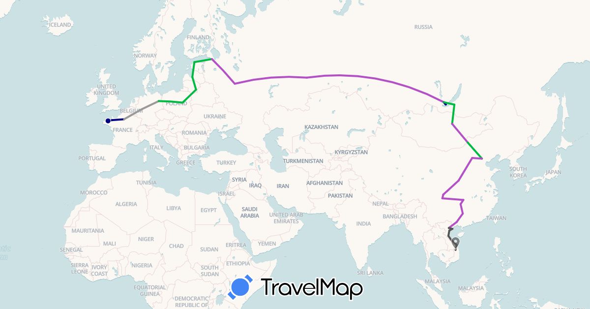 TravelMap itinerary: driving, bus, plane, train, motorbike in China, Germany, Estonia, France, Lithuania, Latvia, Mongolia, Poland, Russia, Vietnam (Asia, Europe)